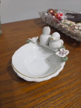 Porcelain Bird Trinket Dish with Floral Accents - White